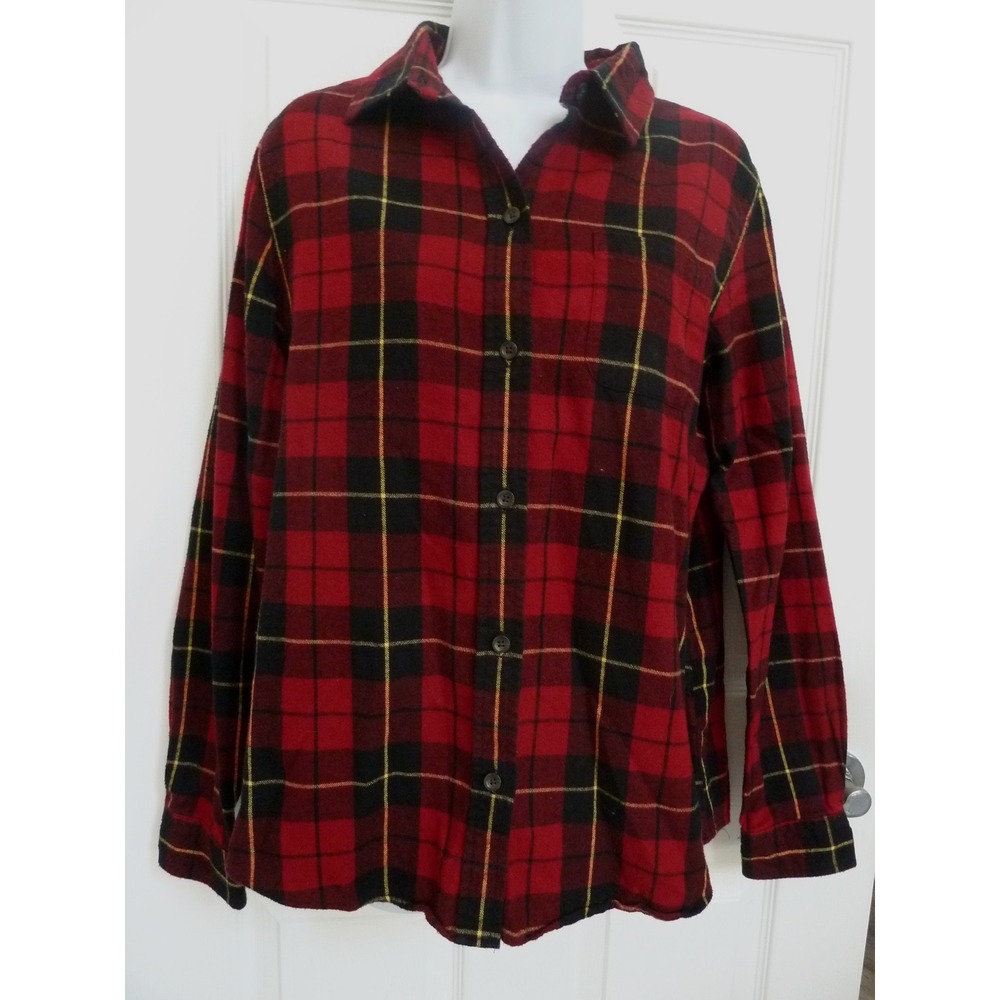 LL Bean Relaxed Fit Plaid Flannel Shirt Womens Med Red Black Yellow 273137